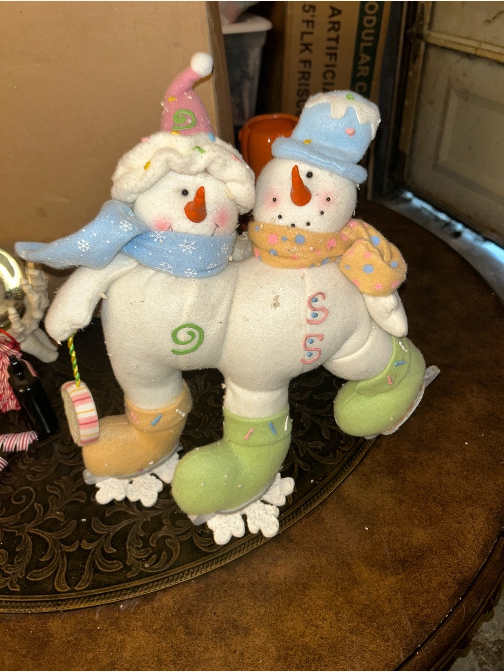 Plush Twin Snowmen Holiday Figurine - White with Pastel Accents